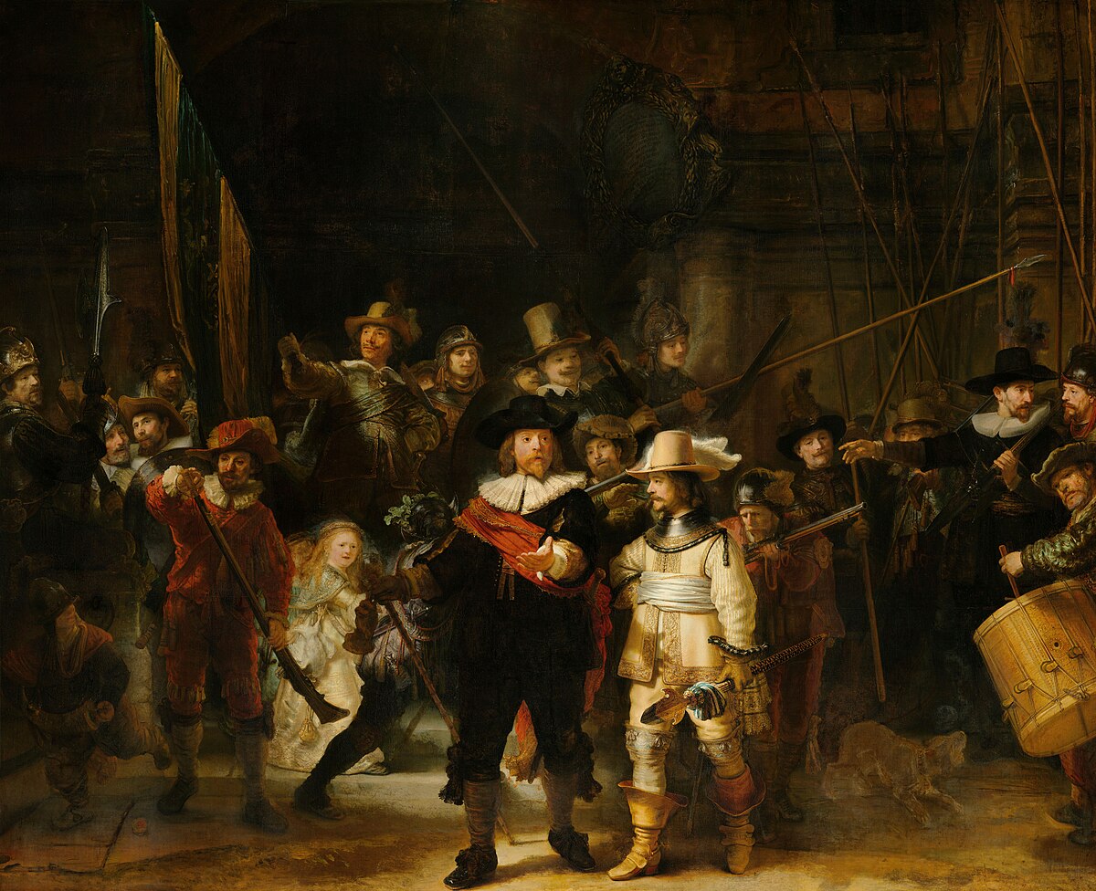 Night Watch — Rembrandt's Dutch militia in sober black with white lace collars, 1642