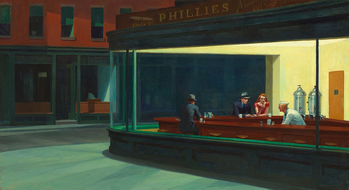 Nighthawks — Hopper captures mid-century American working-class and diner dress, 1942