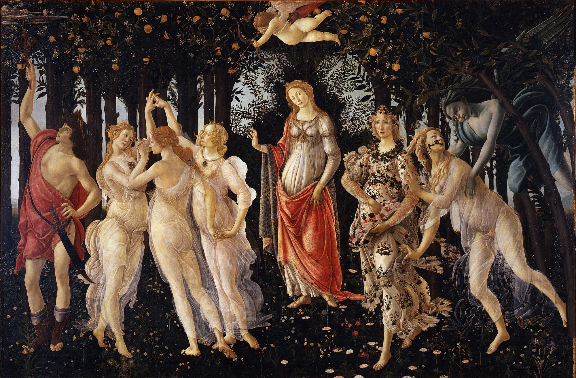 Primavera — Botticelli's idealized vision of Renaissance dress and classical adornment, c. 1482