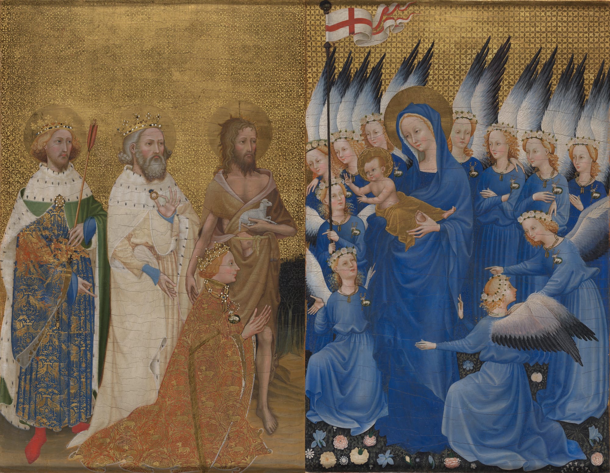 Wilton Diptych — Richard II in ermine-lined robe beside angels in ultramarine, c. 1395